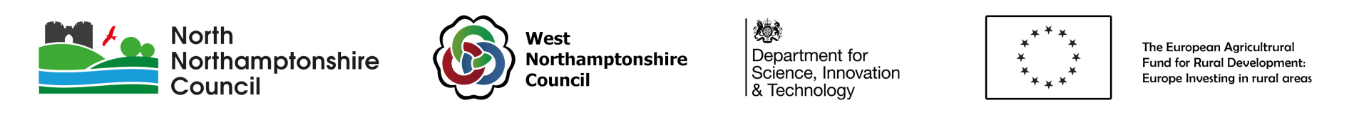 collection of 4 logos all together including: North Northamptonshire Council, West Northamptonshire Council, DSIT (the Department for Science, Innovation & Technology) & the European Agricultural Fund for Rural Developments